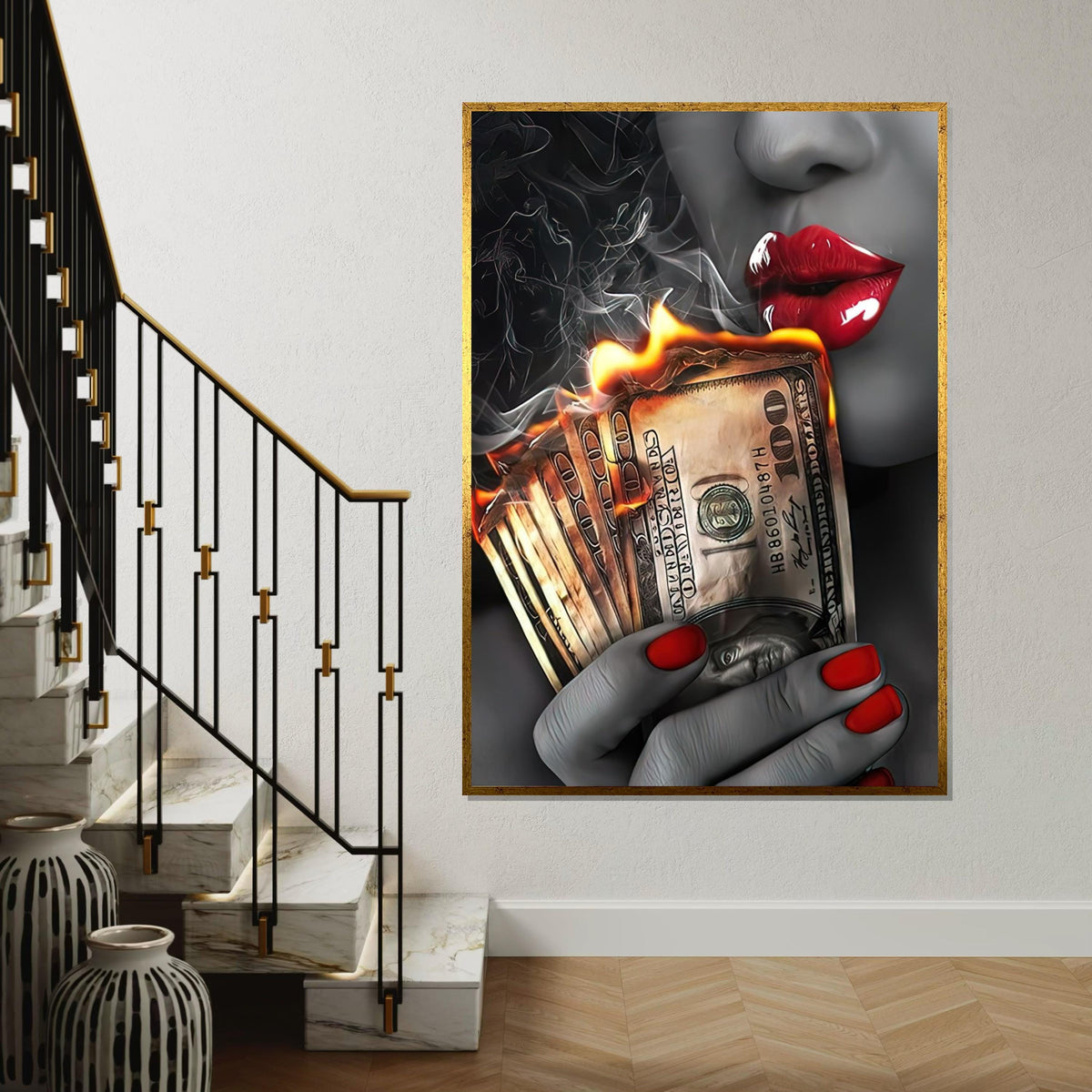 Burning Money Canvas Art, Red Lips Smoke Art, Money Wall Print, Stylish Decor Canvas, Wall Art Canvas Design, Ready to Hang Decoration