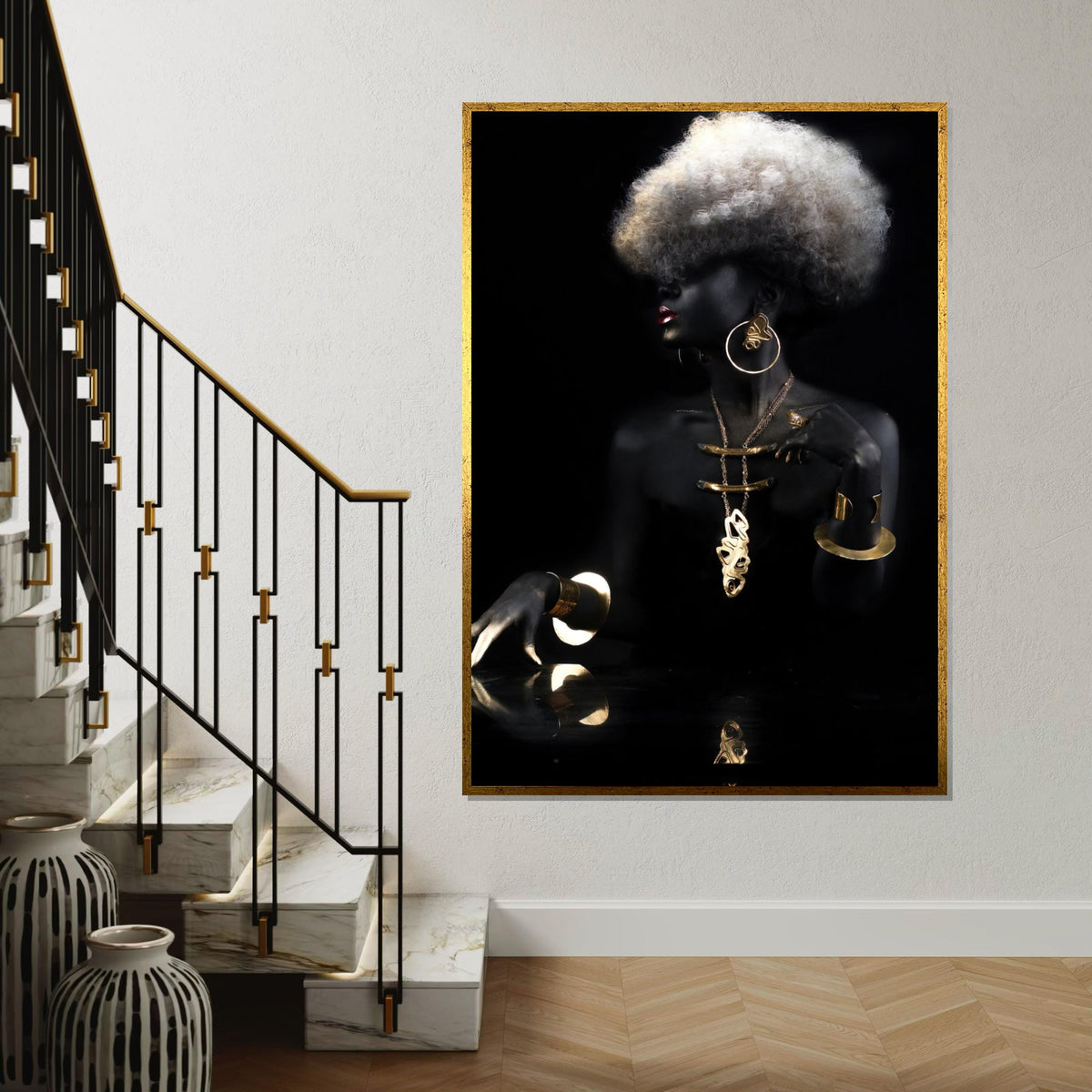 Elegant Woman Canvas, Gold Jewelry Art, Black and Gold Wall Art, Fashion Poster, Wall Art Canvas Design, Ready to Hang Decoration