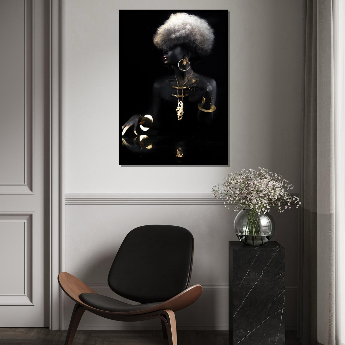 Elegant Woman Canvas, Gold Jewelry Art, Black and Gold Wall Art, Fashion Poster, Wall Art Canvas Design, Ready to Hang Decoration