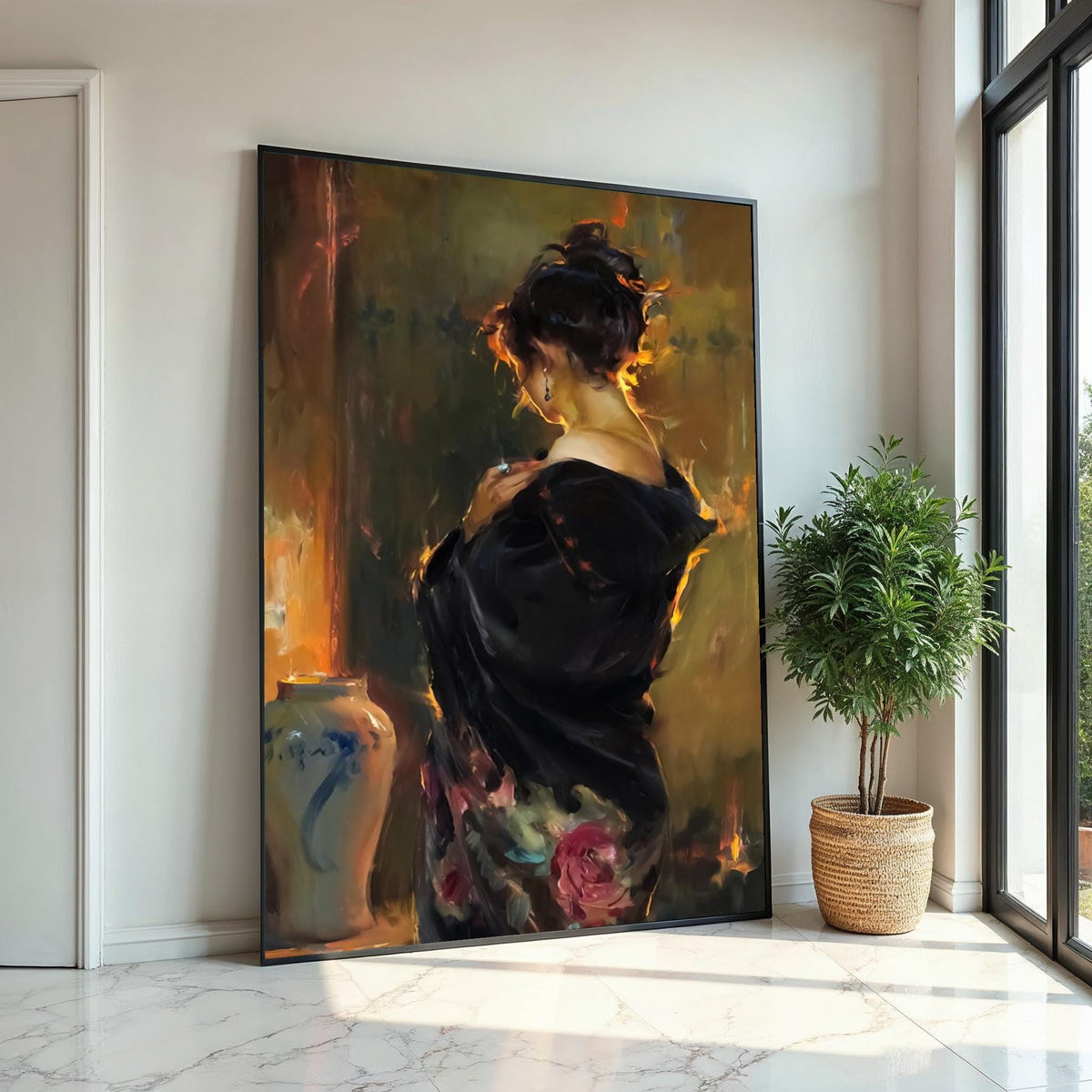 Elegant Woman in Black Canvas, Romantic Portrait Art, Wall Art Canvas Design, Ready to Hang, Classic Decor, Timeless Beauty