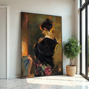 Elegant Woman in Black Canvas, Romantic Portrait Art, Wall Art Canvas Design, Ready to Hang, Classic Decor, Timeless Beauty