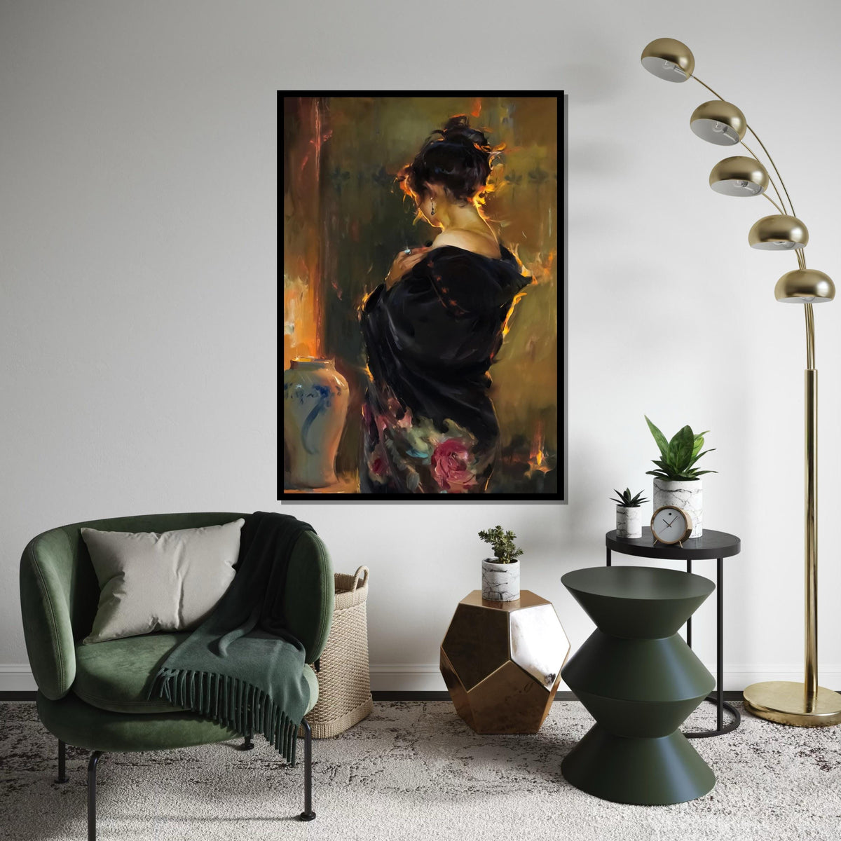 Elegant Woman in Black Canvas, Romantic Portrait Art, Wall Art Canvas Design, Ready to Hang, Classic Decor, Timeless Beauty