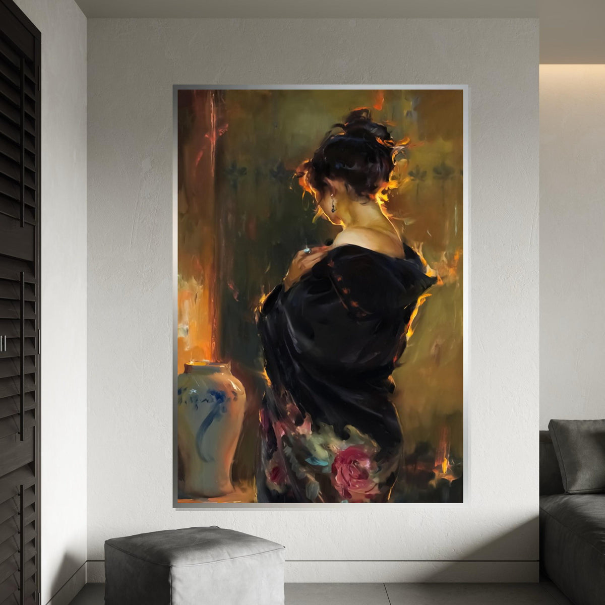 Elegant Woman in Black Canvas, Romantic Portrait Art, Wall Art Canvas Design, Ready to Hang, Classic Decor, Timeless Beauty