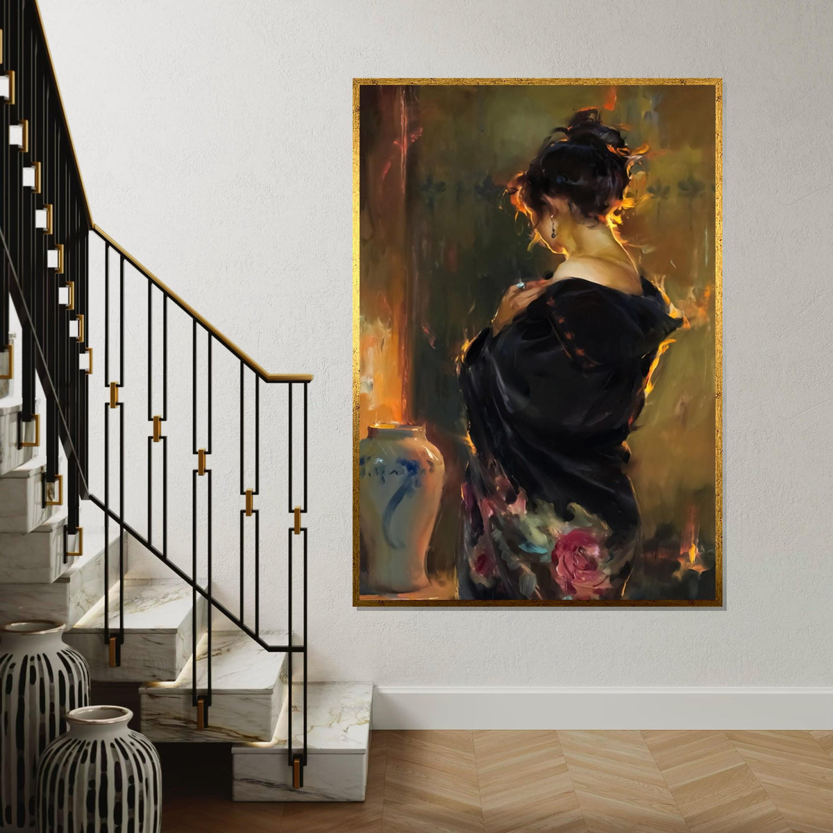 Elegant Woman in Black Canvas, Romantic Portrait Art, Wall Art Canvas Design, Ready to Hang, Classic Decor, Timeless Beauty