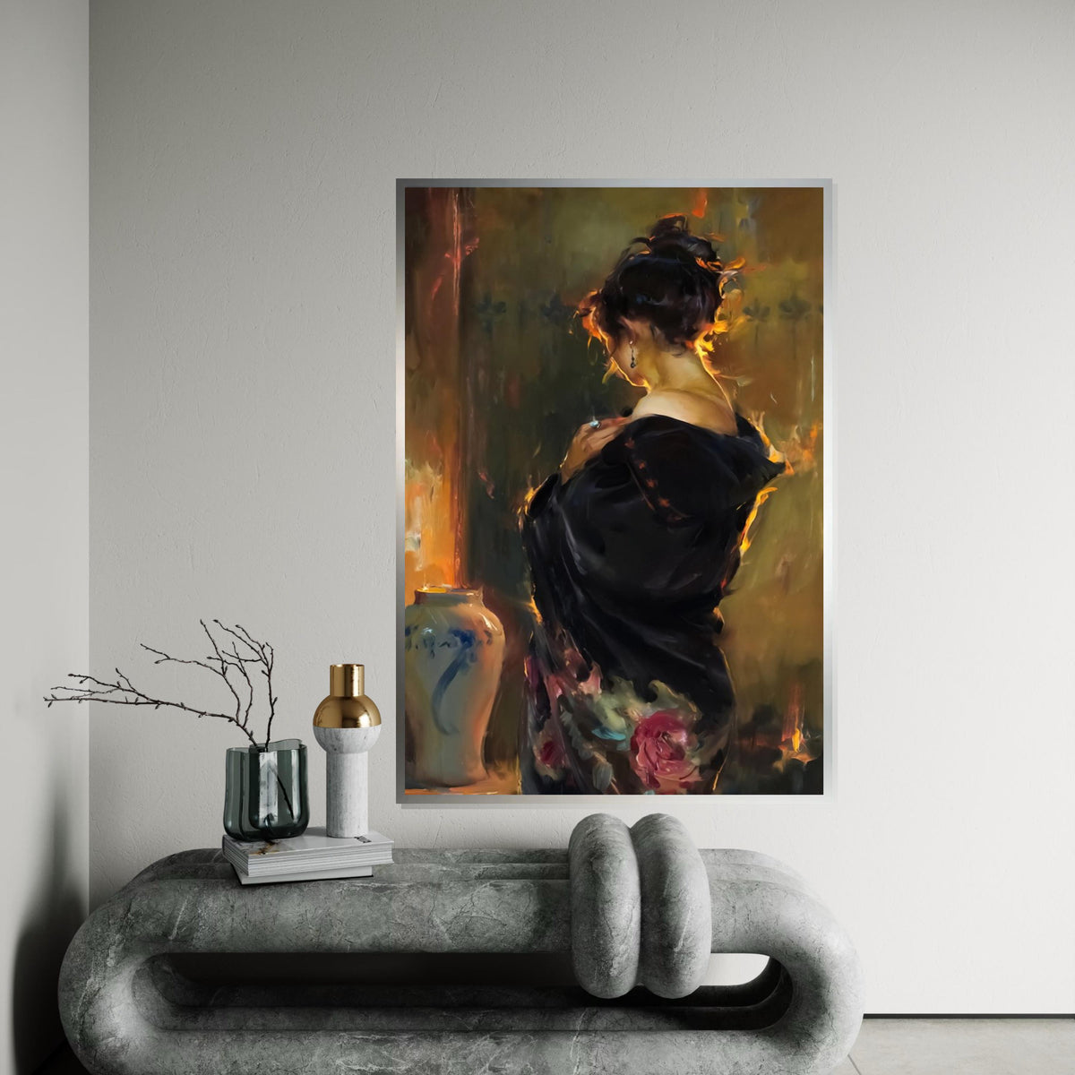 Elegant Woman in Black Canvas, Romantic Portrait Art, Wall Art Canvas Design, Ready to Hang, Classic Decor, Timeless Beauty