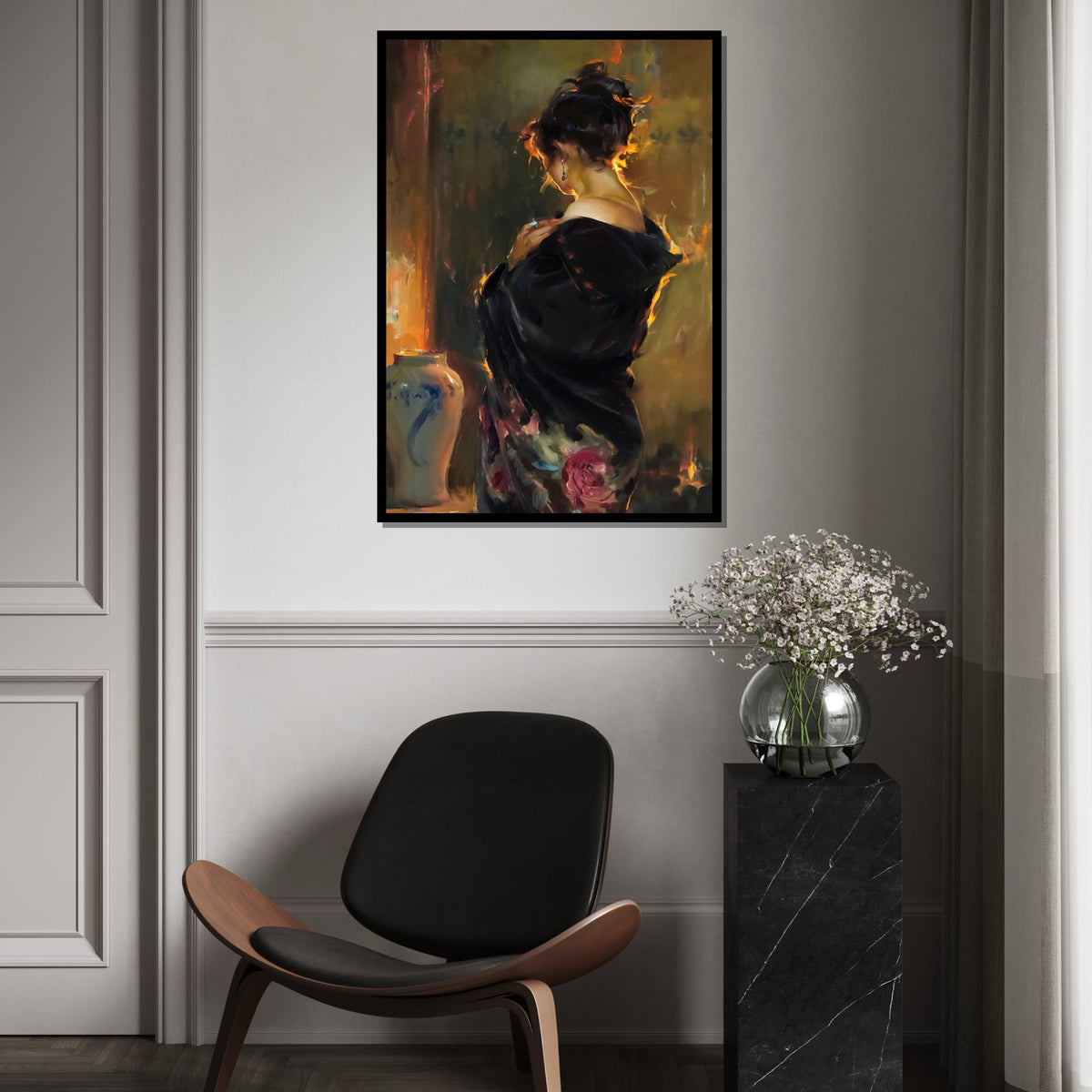 Elegant Woman in Black Canvas, Romantic Portrait Art, Wall Art Canvas Design, Ready to Hang, Classic Decor, Timeless Beauty