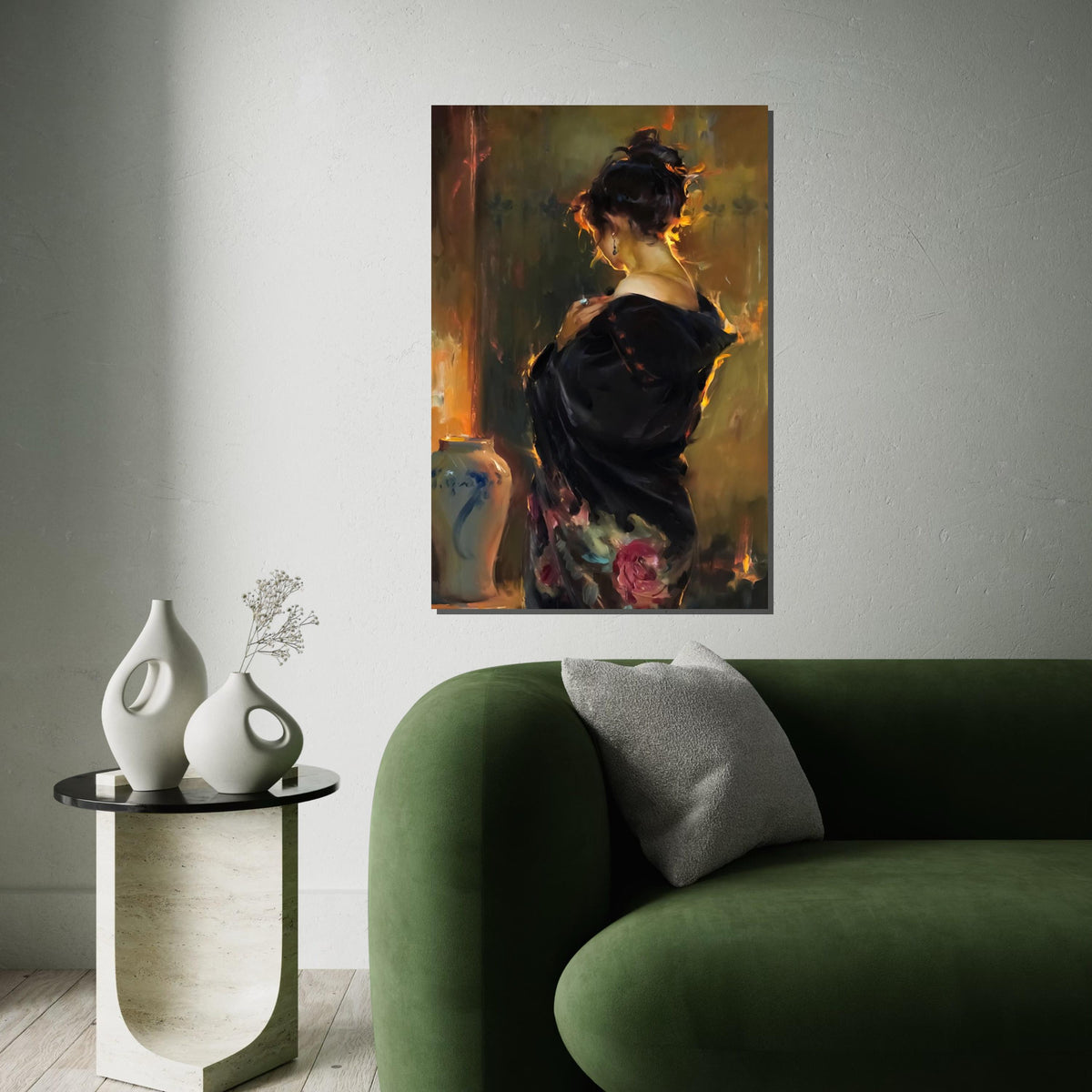 Elegant Woman in Black Canvas, Romantic Portrait Art, Wall Art Canvas Design, Ready to Hang, Classic Decor, Timeless Beauty
