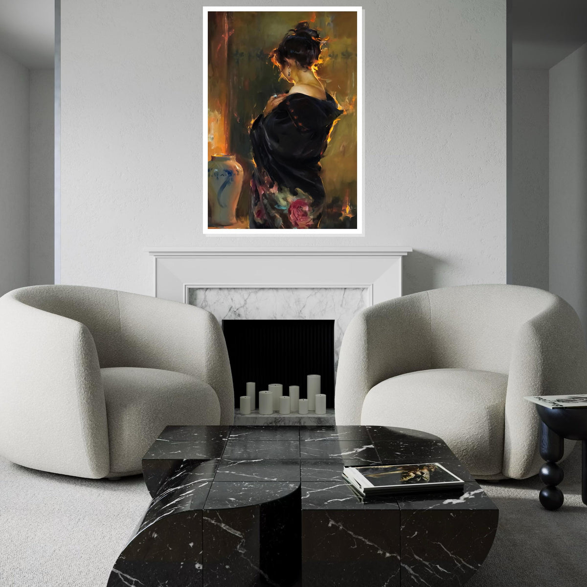 Elegant Woman in Black Canvas, Romantic Portrait Art, Wall Art Canvas Design, Ready to Hang, Classic Decor, Timeless Beauty