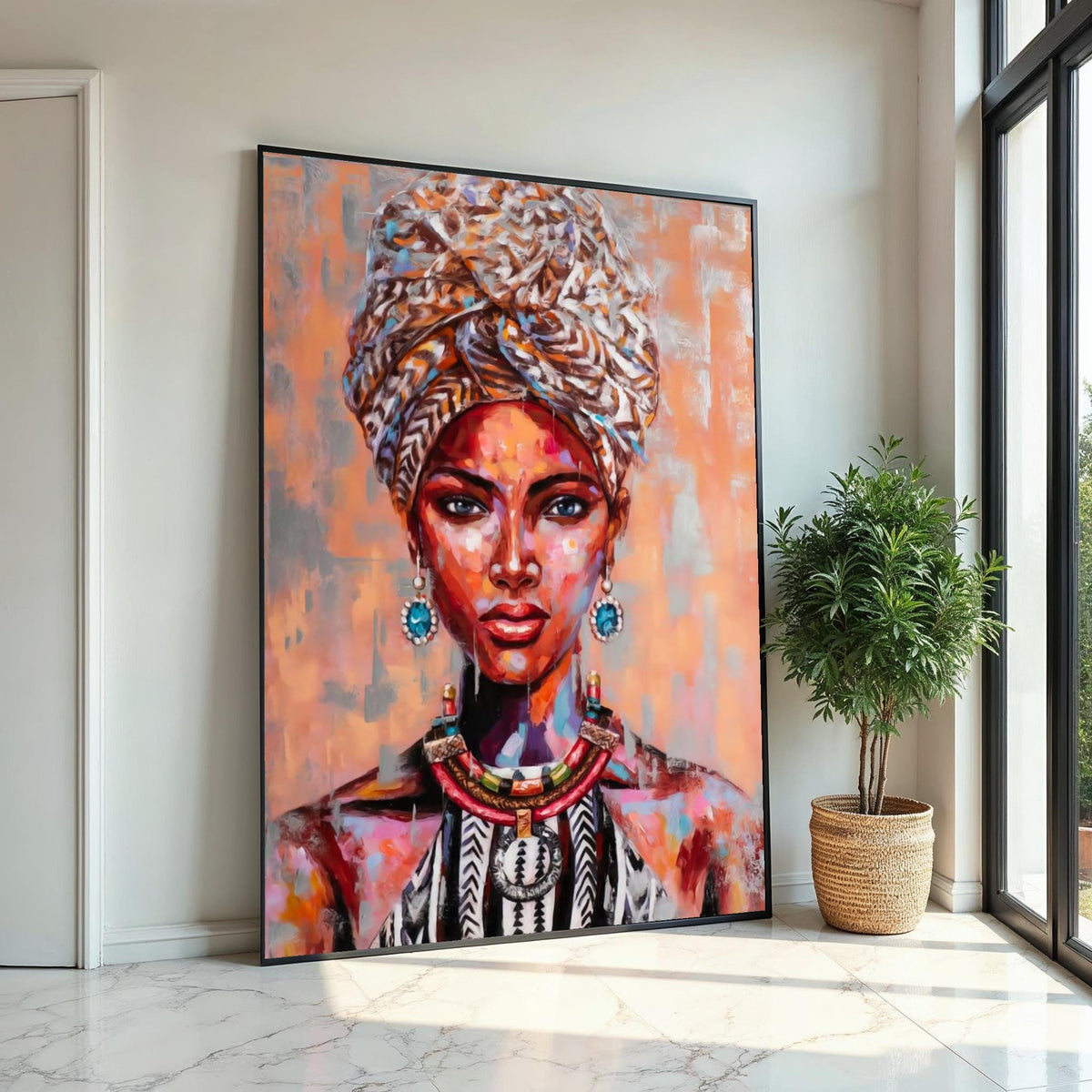 Vibrant Tribal Portrait Canvas, Colorful Woman Art, Afro Art, Ethnic Print, Wall Art Canvas Design, Ready to Hang Decoration
