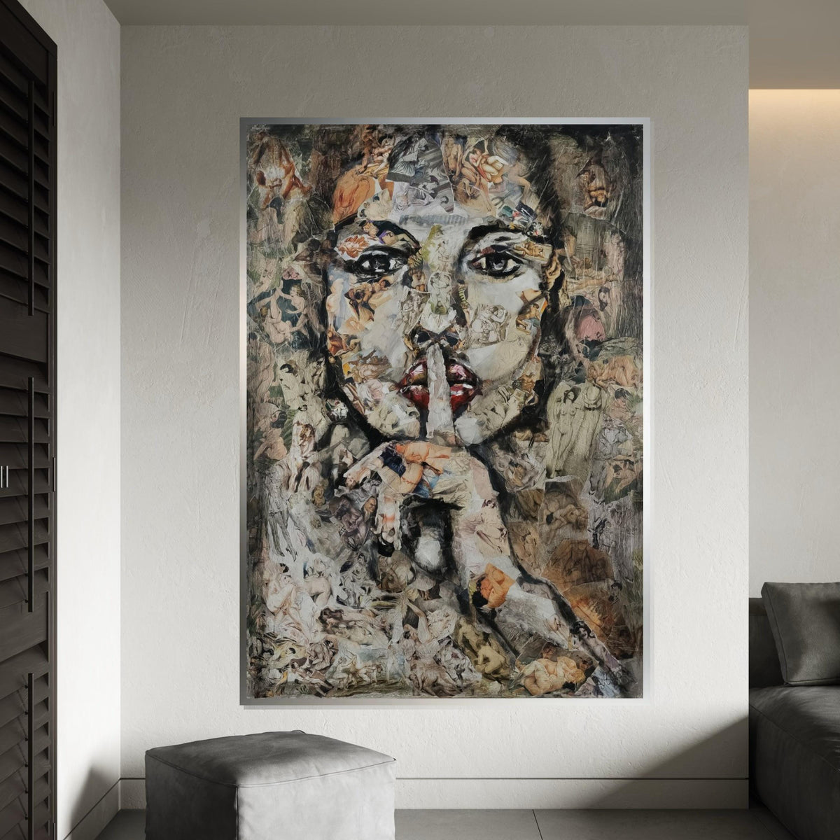 Abstract Collage Face Canvas, Silence Portrait Art, Mixed Media Wall Art, Artistic Canvas Design, Ready To Hang Decoration