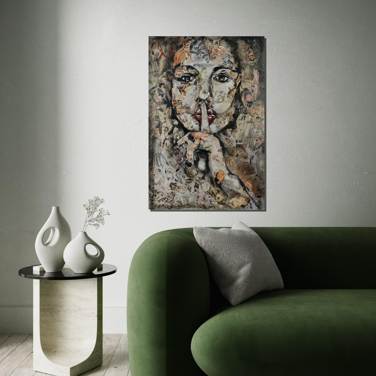 Abstract Collage Face Canvas, Silence Portrait Art, Mixed Media Wall Art, Artistic Canvas Design, Ready To Hang Decoration