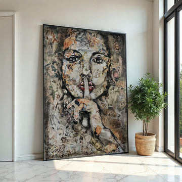 Abstract Collage Face Canvas, Silence Portrait Art, Mixed Media Wall Art, Artistic Canvas Design, Ready To Hang Decoration