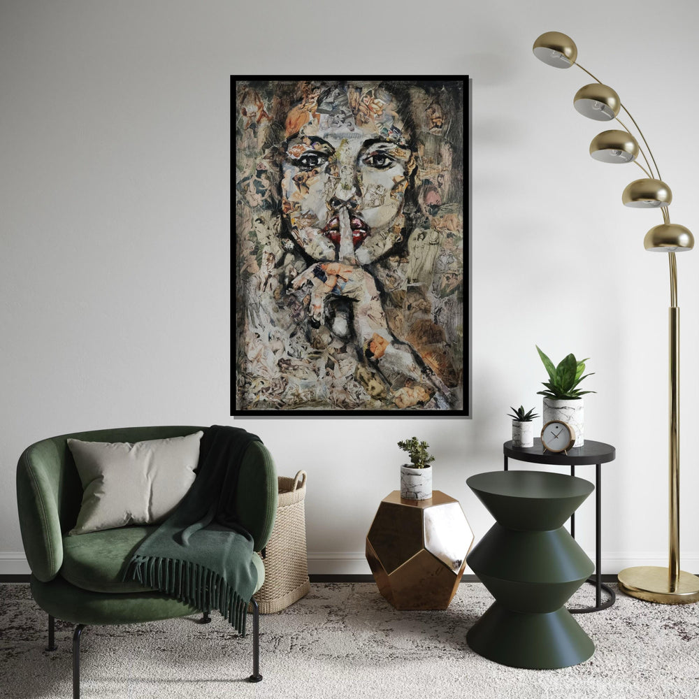 Abstract Collage Face Canvas, Silence Portrait Art, Mixed Media Wall Art, Artistic Canvas Design, Ready To Hang Decoration