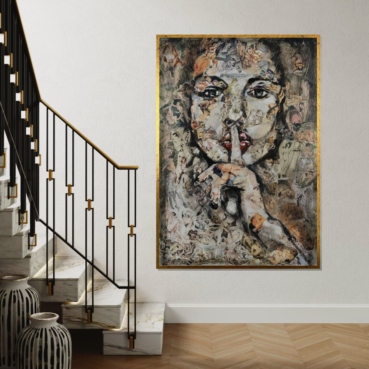 Abstract Collage Face Canvas, Silence Portrait Art, Mixed Media Wall Art, Artistic Canvas Design, Ready To Hang Decoration