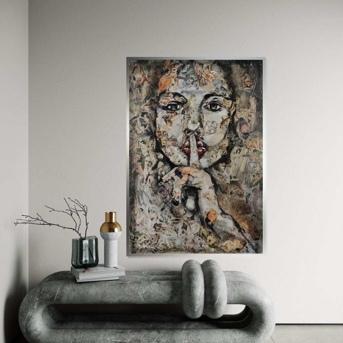 Abstract Collage Face Canvas, Silence Portrait Art, Mixed Media Wall Art, Artistic Canvas Design, Ready To Hang Decoration