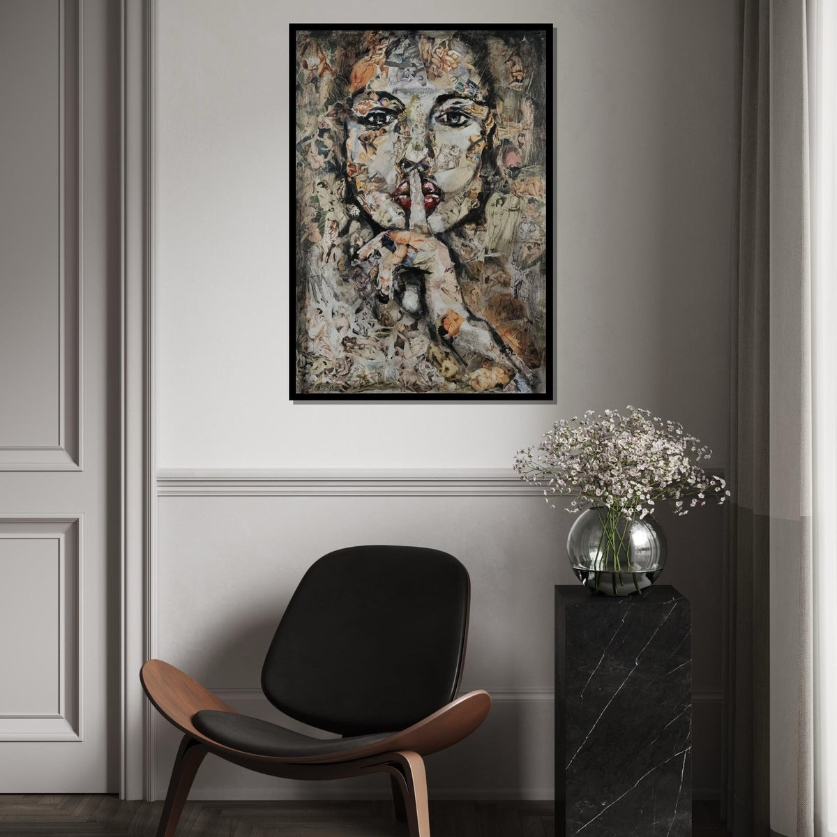 Abstract Collage Face Canvas, Silence Portrait Art, Mixed Media Wall Art, Artistic Canvas Design, Ready To Hang Decoration