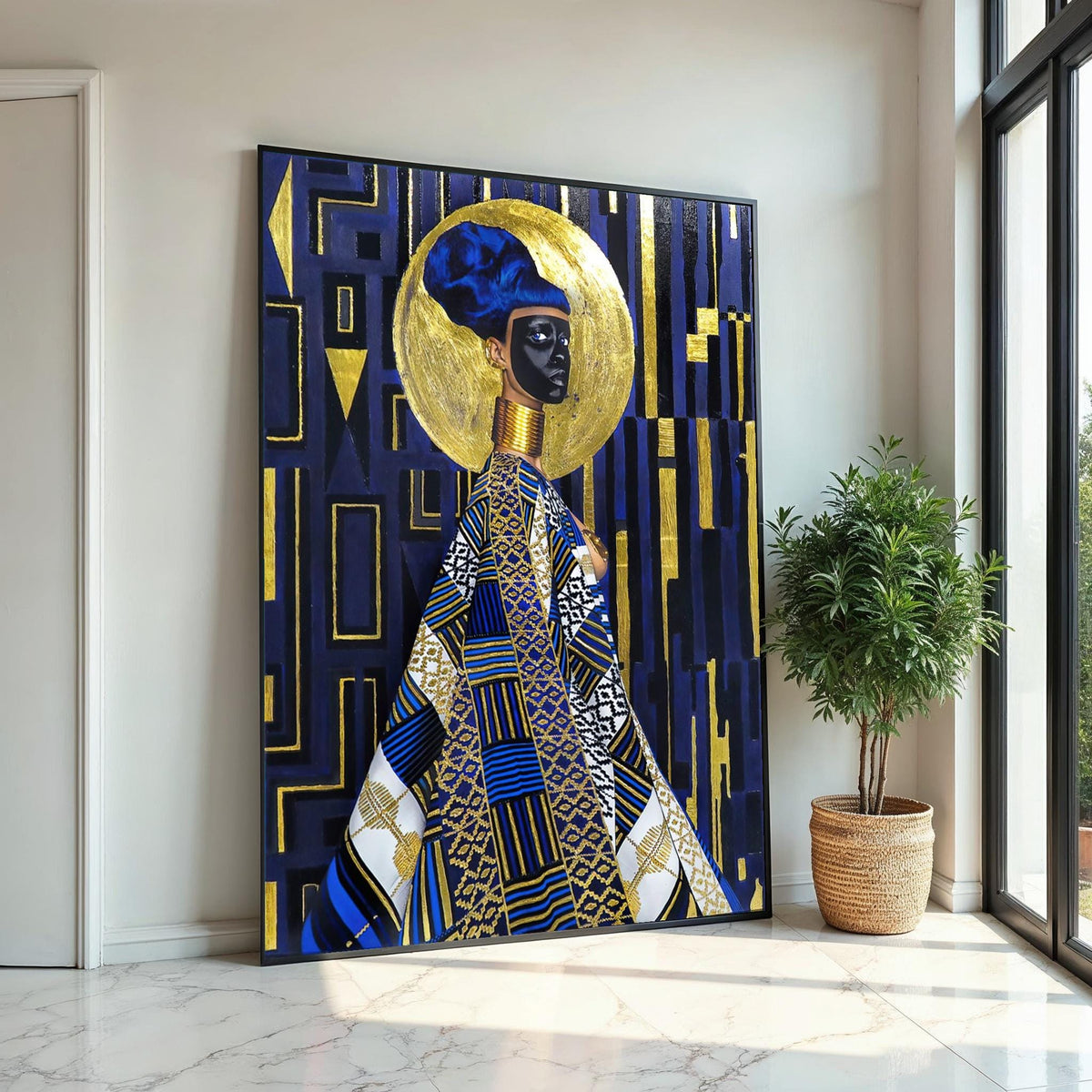 Regal African Queen Canvas, Cultural Wall Art, Black and Gold Ethnic Art, Geometric Pattern, Wall Art Canvas Design, Ready To Hang
