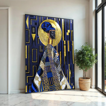 Regal African Queen Canvas, Cultural Wall Art, Black and Gold Ethnic Art, Geometric Pattern, Wall Art Canvas Design, Ready To Hang