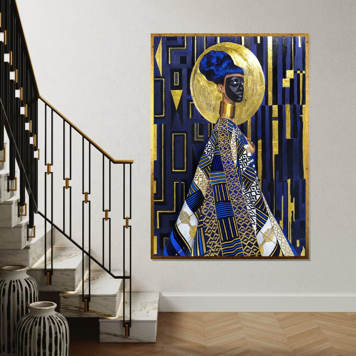 Regal African Queen Canvas, Cultural Wall Art, Black and Gold Ethnic Art, Geometric Pattern, Wall Art Canvas Design, Ready To Hang