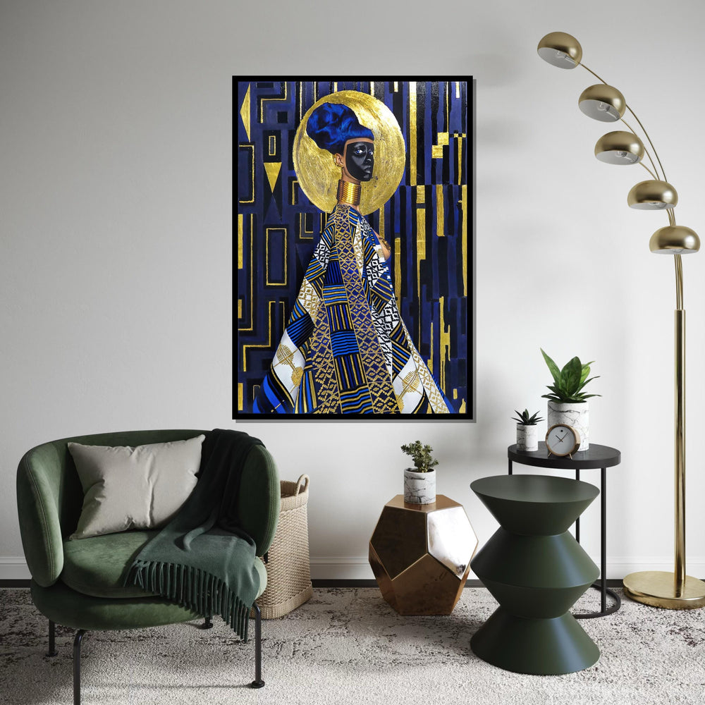 Regal African Queen Canvas, Cultural Wall Art, Black and Gold Ethnic Art, Geometric Pattern, Wall Art Canvas Design, Ready To Hang