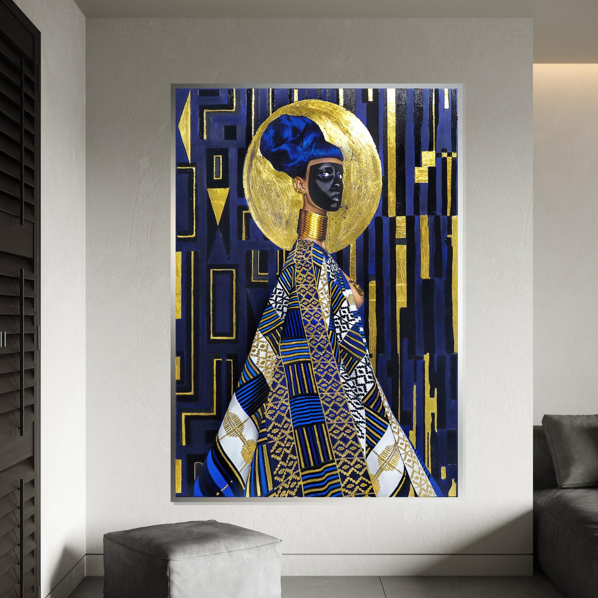 Regal African Queen Canvas, Cultural Wall Art, Black and Gold Ethnic Art, Geometric Pattern, Wall Art Canvas Design, Ready To Hang