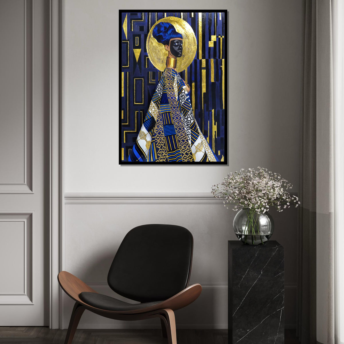 Regal African Queen Canvas, Cultural Wall Art, Black and Gold Ethnic Art, Geometric Pattern, Wall Art Canvas Design, Ready To Hang