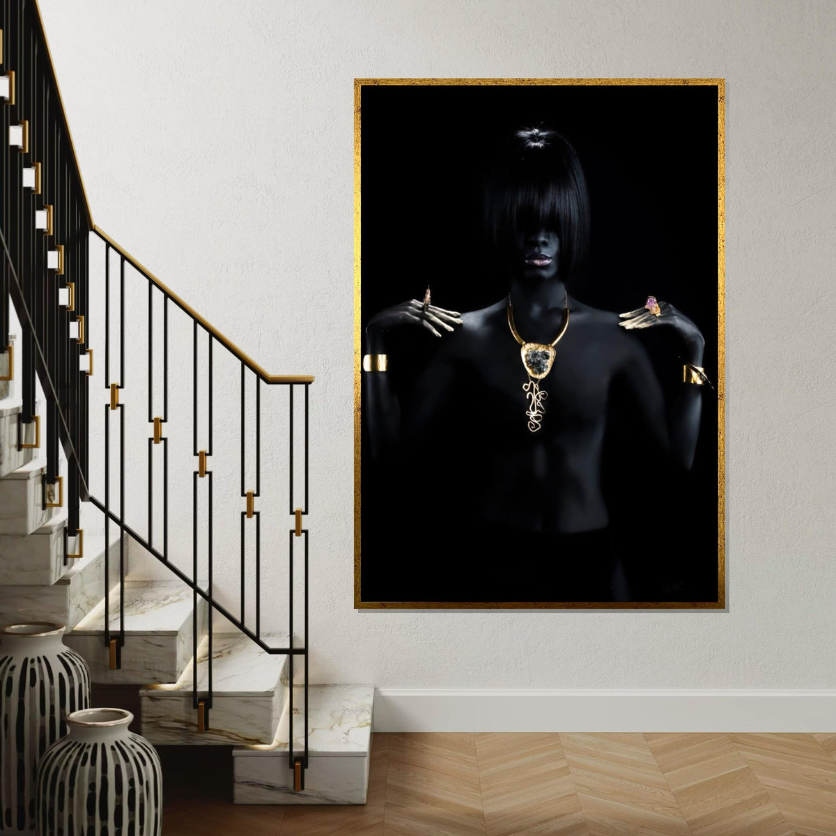 Elegant Dark Portrait, Gold Jewelry Canvas, Fashion Art, Wall Art Canvas Design, Ready To Hang Decoration, Modern Minimalism Poster