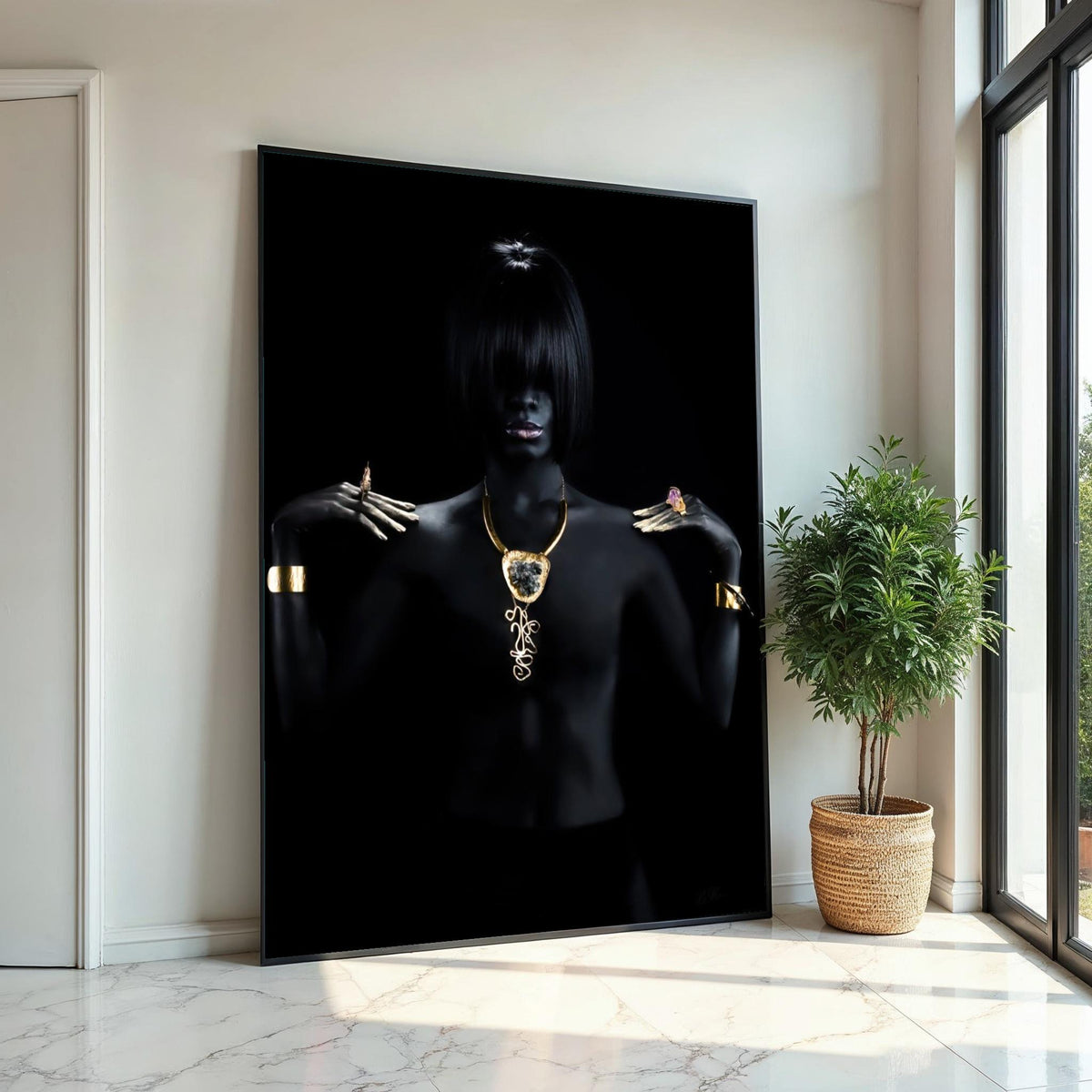 Elegant Dark Portrait, Gold Jewelry Canvas, Fashion Art, Wall Art Canvas Design, Ready To Hang Decoration, Modern Minimalism Poster