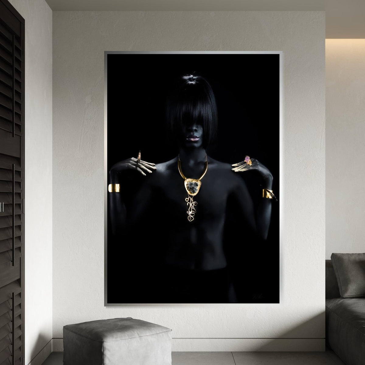 Elegant Dark Portrait, Gold Jewelry Canvas, Fashion Art, Wall Art Canvas Design, Ready To Hang Decoration, Modern Minimalism Poster