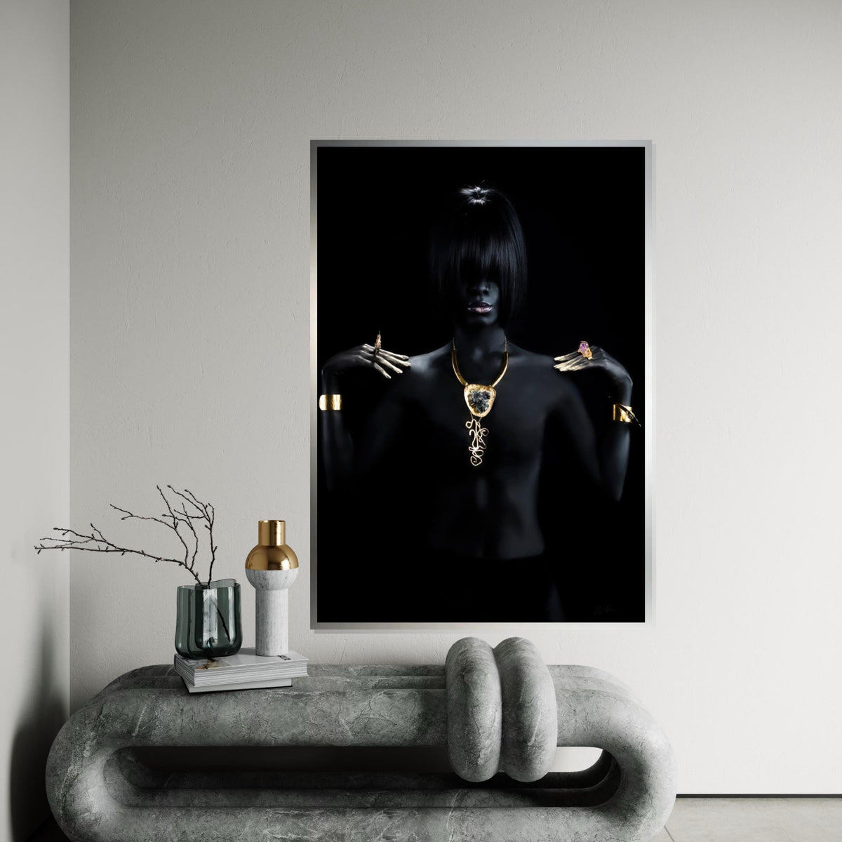 Elegant Dark Portrait, Gold Jewelry Canvas, Fashion Art, Wall Art Canvas Design, Ready To Hang Decoration, Modern Minimalism Poster