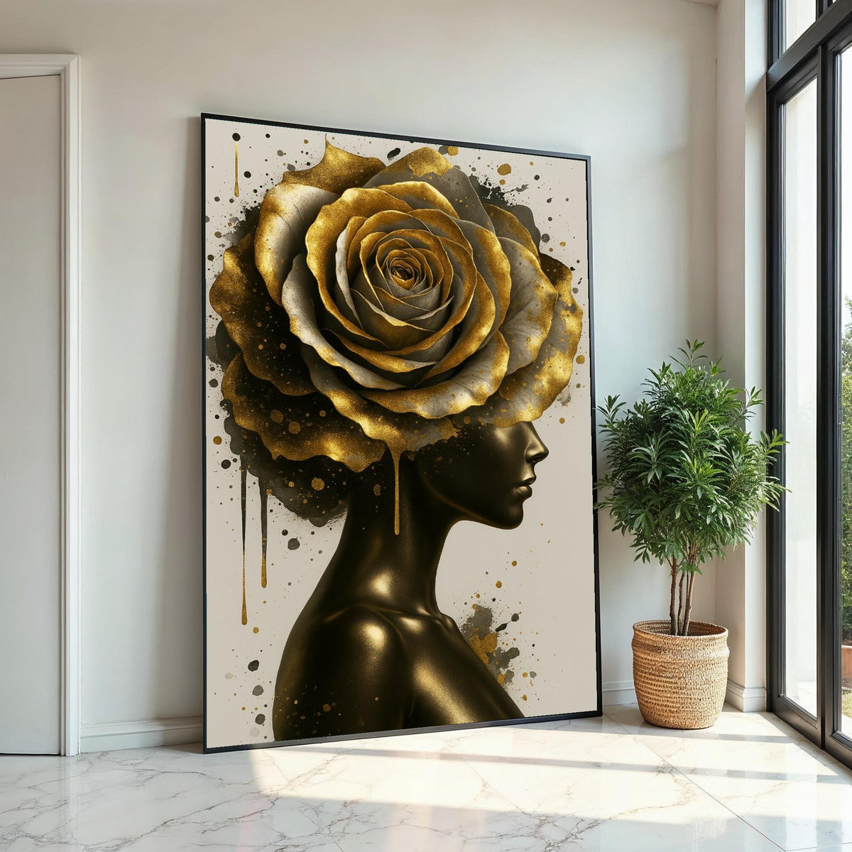 Golden Bloom Lady, Artistic Gold Rose Canvas, Abstract Wall Art, Modern Portrait Canvas, Home Decor, Ready to Hang Wall Decoration