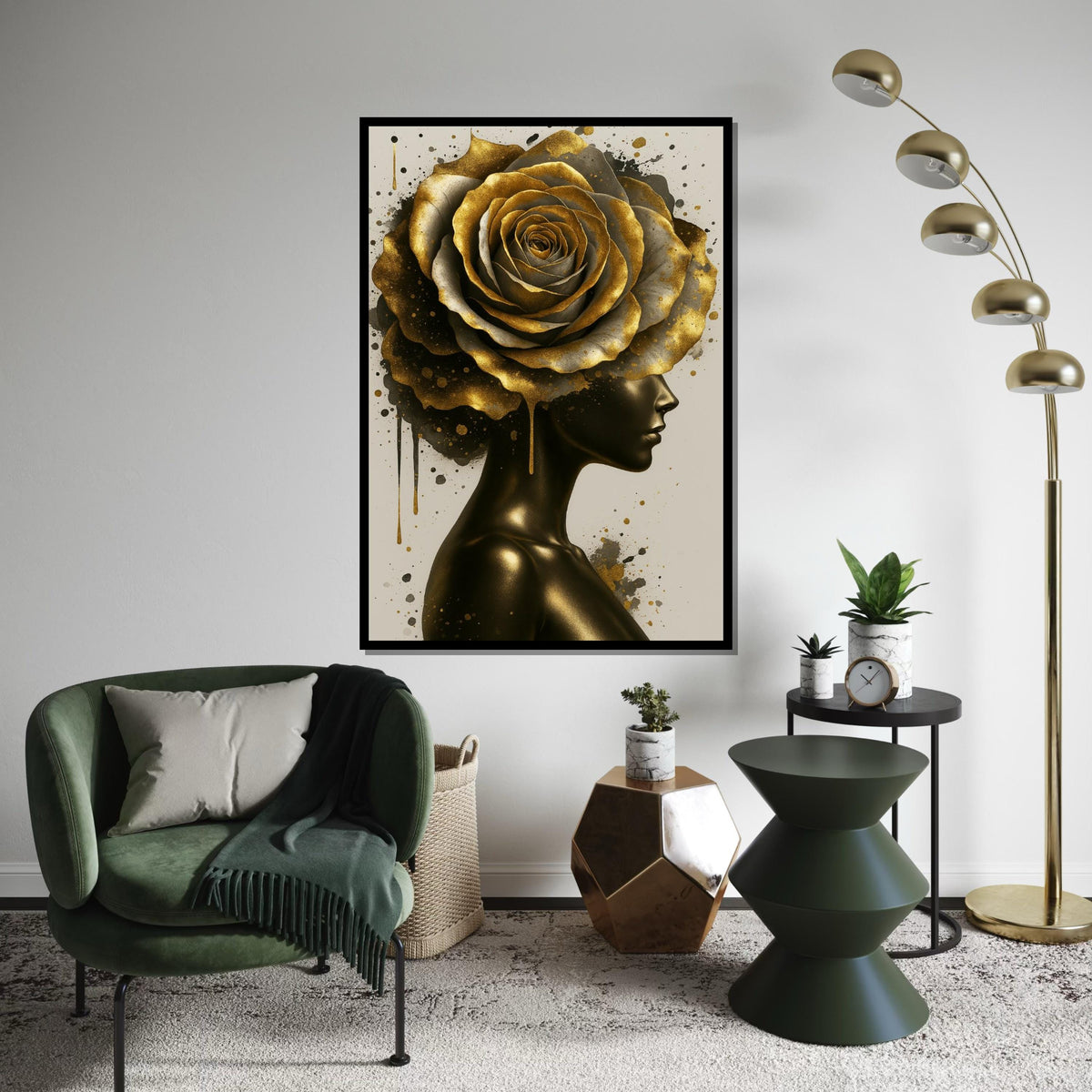 Golden Bloom Lady, Artistic Gold Rose Canvas, Abstract Wall Art, Modern Portrait Canvas, Home Decor, Ready to Hang Wall Decoration