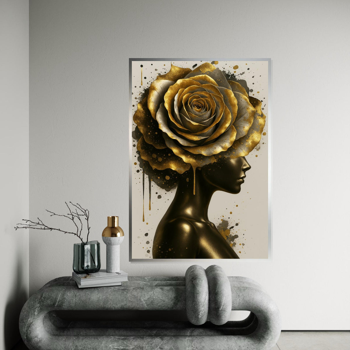Golden Bloom Lady, Artistic Gold Rose Canvas, Abstract Wall Art, Modern Portrait Canvas, Home Decor, Ready to Hang Wall Decoration