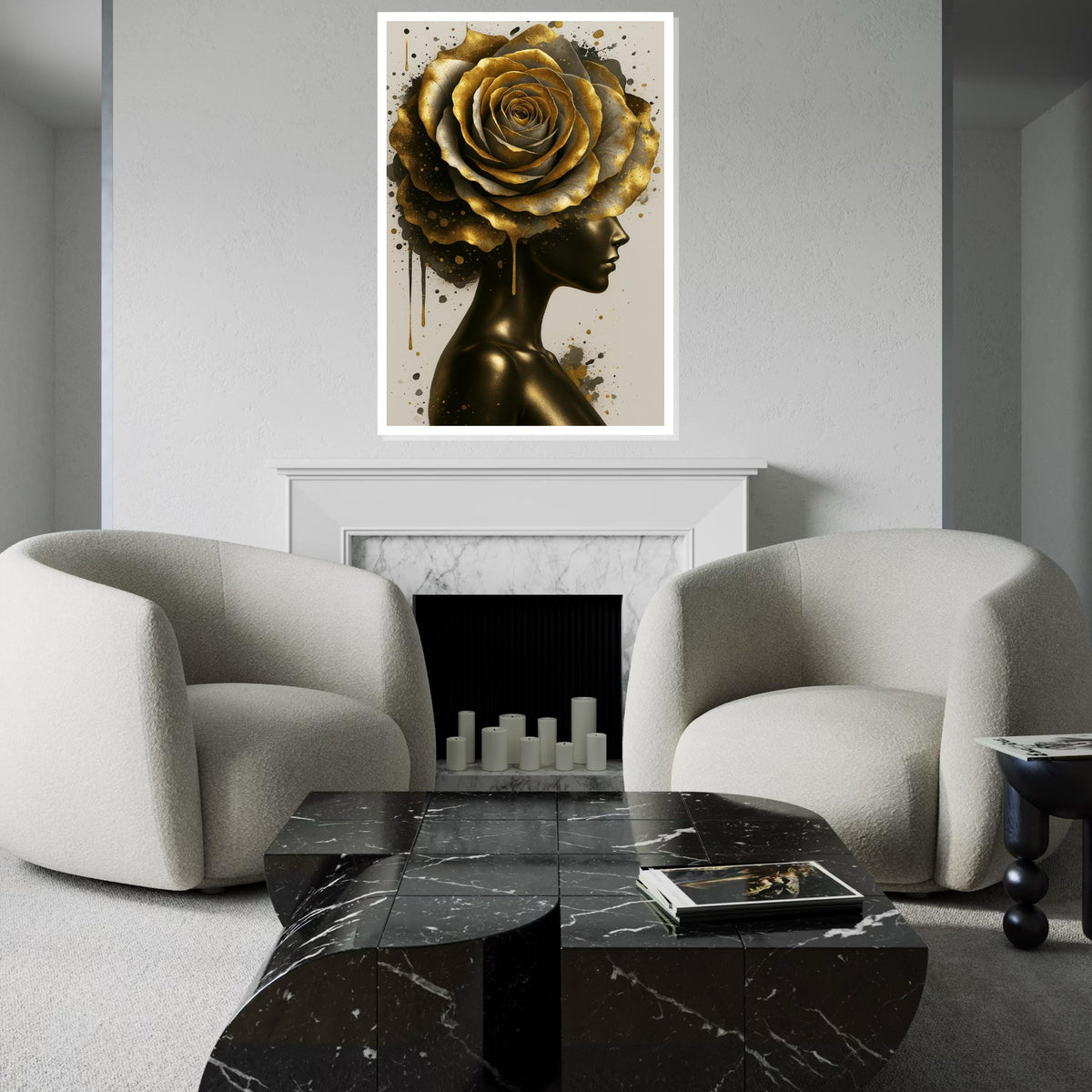Golden Bloom Lady, Artistic Gold Rose Canvas, Abstract Wall Art, Modern Portrait Canvas, Home Decor, Ready to Hang Wall Decoration