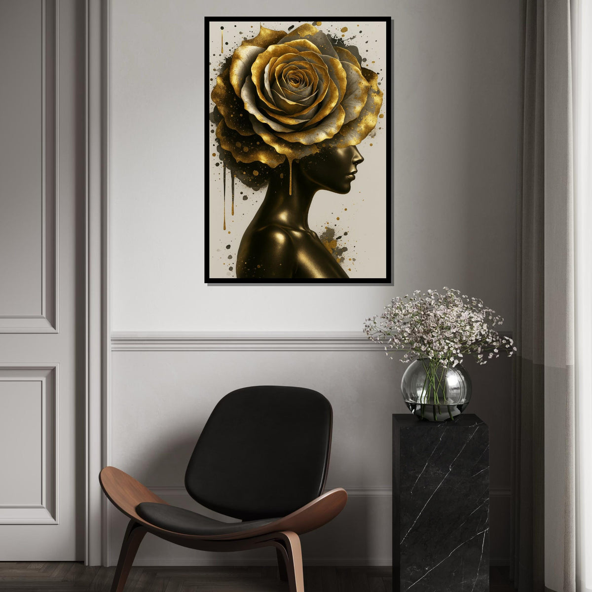 Golden Bloom Lady, Artistic Gold Rose Canvas, Abstract Wall Art, Modern Portrait Canvas, Home Decor, Ready to Hang Wall Decoration