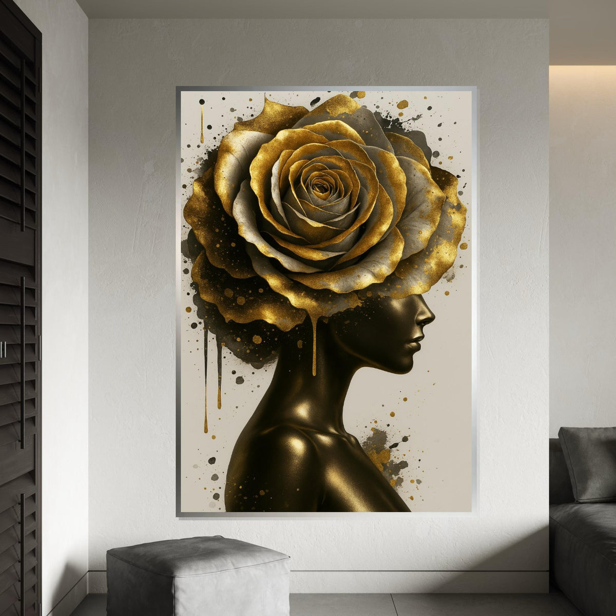 Golden Bloom Lady, Artistic Gold Rose Canvas, Abstract Wall Art, Modern Portrait Canvas, Home Decor, Ready to Hang Wall Decoration