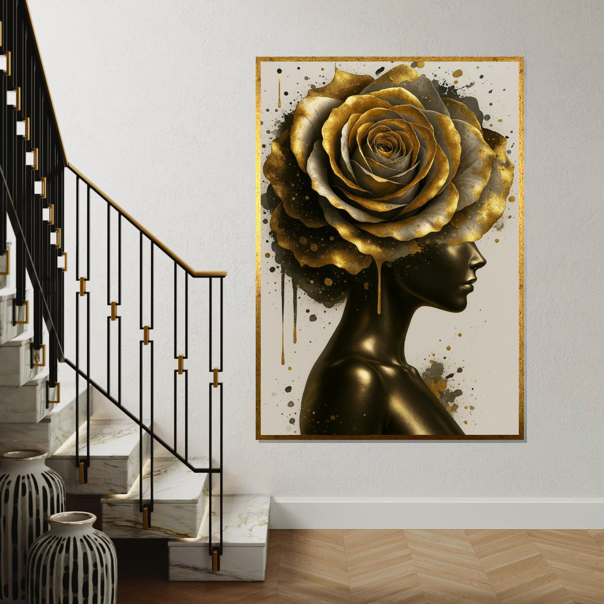 Golden Bloom Lady, Artistic Gold Rose Canvas, Abstract Wall Art, Modern Portrait Canvas, Home Decor, Ready to Hang Wall Decoration