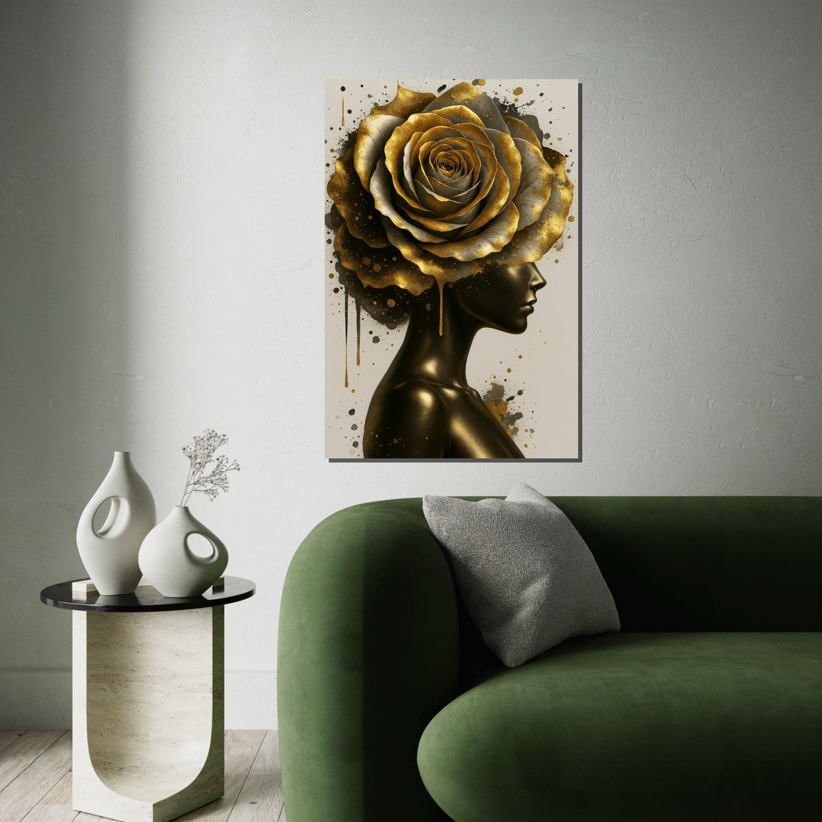 Golden Bloom Lady, Artistic Gold Rose Canvas, Abstract Wall Art, Modern Portrait Canvas, Home Decor, Ready to Hang Wall Decoration