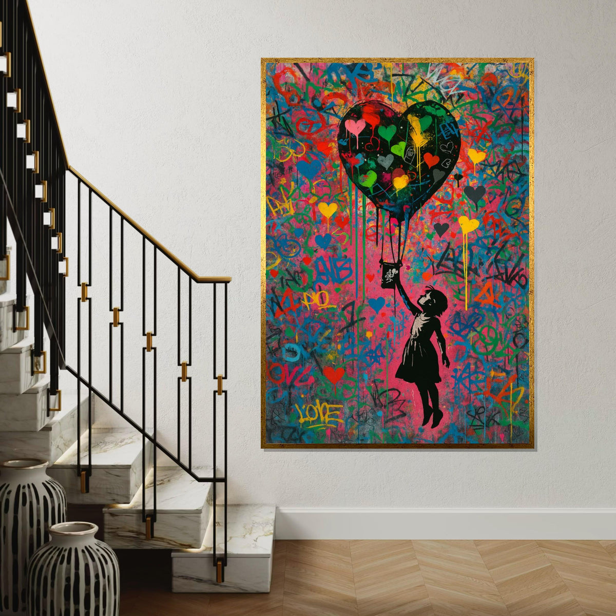 Colorful Heart Balloon, Street Art Canvas, Graffiti Style Print, Wall Art Canvas Design, Banksy Style, Ready To Hang Decoration