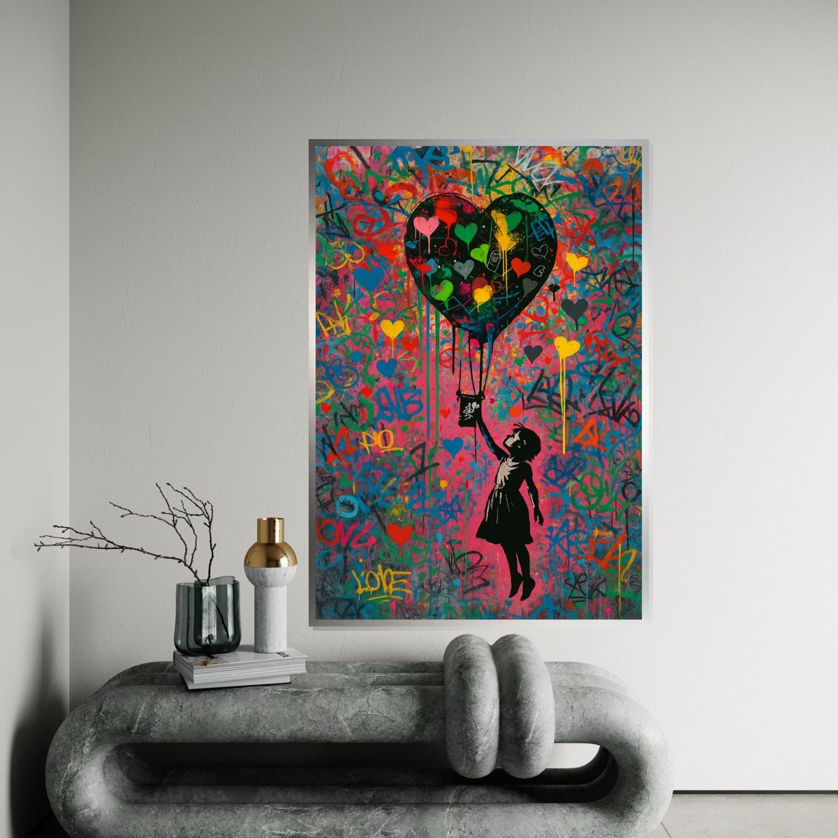 Colorful Heart Balloon, Street Art Canvas, Graffiti Style Print, Wall Art Canvas Design, Banksy Style, Ready To Hang Decoration