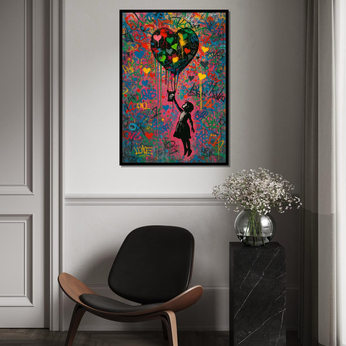 Colorful Heart Balloon, Street Art Canvas, Graffiti Style Print, Wall Art Canvas Design, Banksy Style, Ready To Hang Decoration