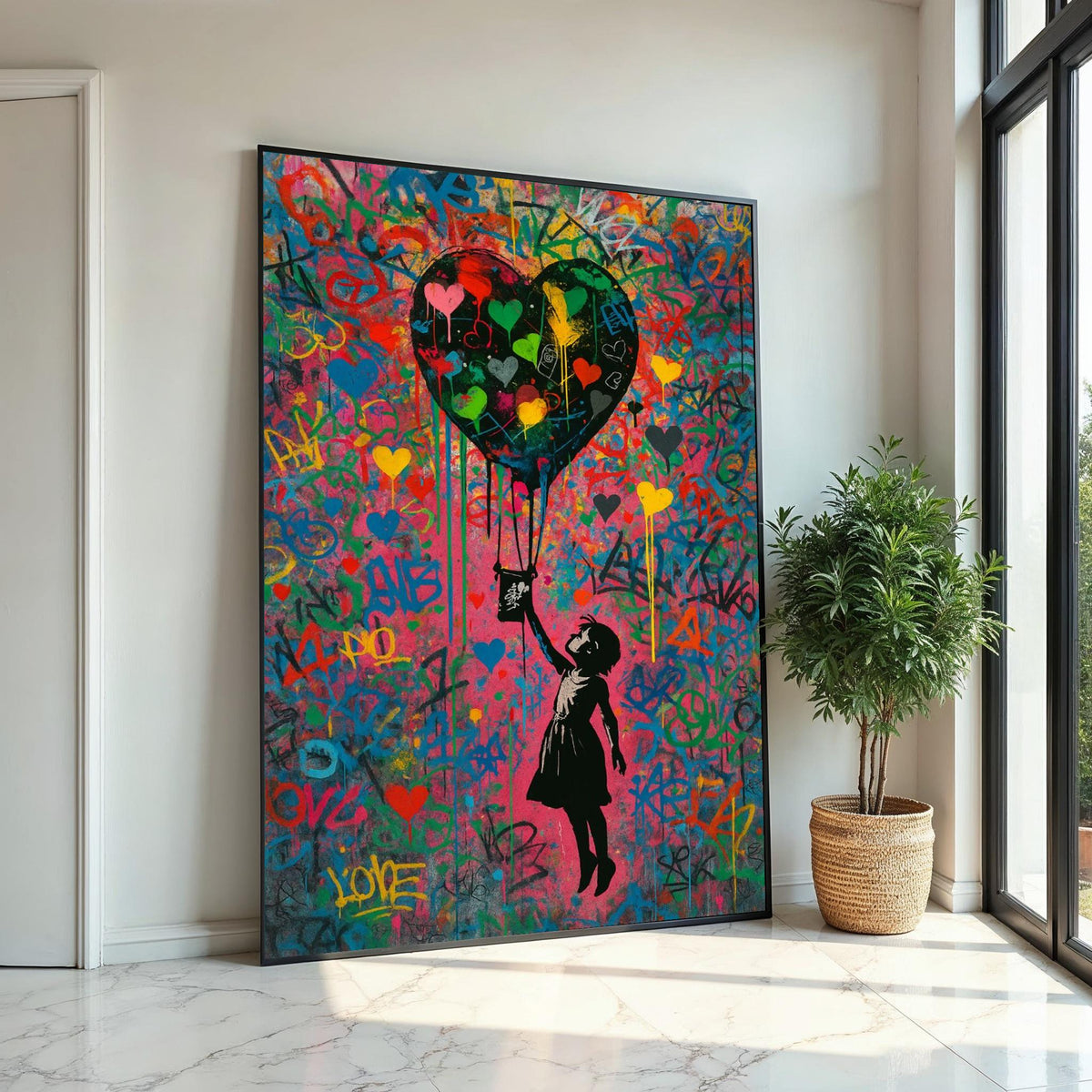 Colorful Heart Balloon, Street Art Canvas, Graffiti Style Print, Wall Art Canvas Design, Banksy Style, Ready To Hang Decoration