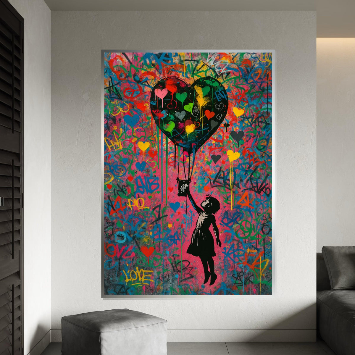 Colorful Heart Balloon, Street Art Canvas, Graffiti Style Print, Wall Art Canvas Design, Banksy Style, Ready To Hang Decoration