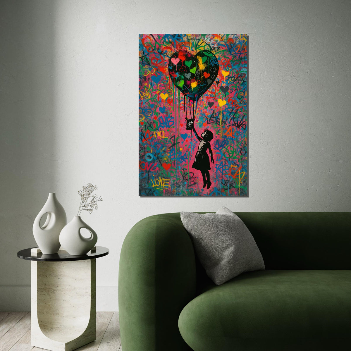 Colorful Heart Balloon, Street Art Canvas, Graffiti Style Print, Wall Art Canvas Design, Banksy Style, Ready To Hang Decoration