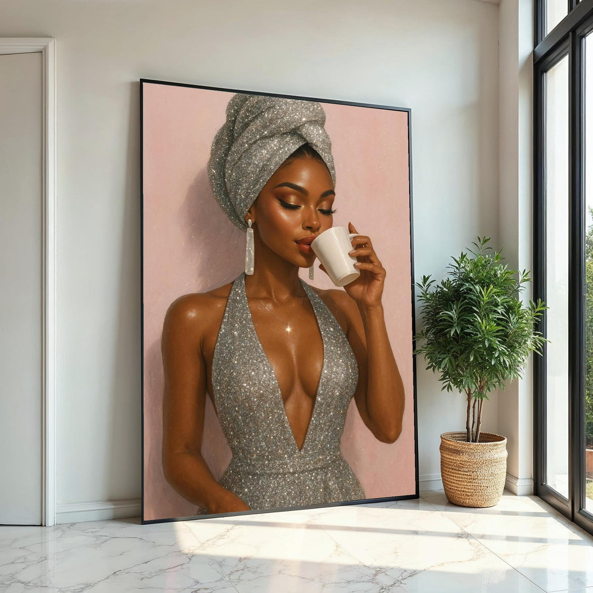 Elegant Woman with Coffee, Glamorous Silver Dress, Canvas Art, Fashion Wall Art, Ready to Hang Home Decor, Stylish Lady Print