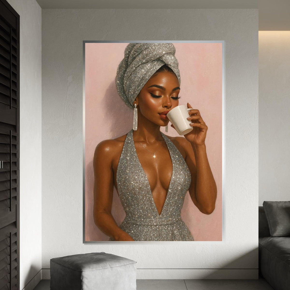 Elegant Woman with Coffee, Glamorous Silver Dress, Canvas Art, Fashion Wall Art, Ready to Hang Home Decor, Stylish Lady Print