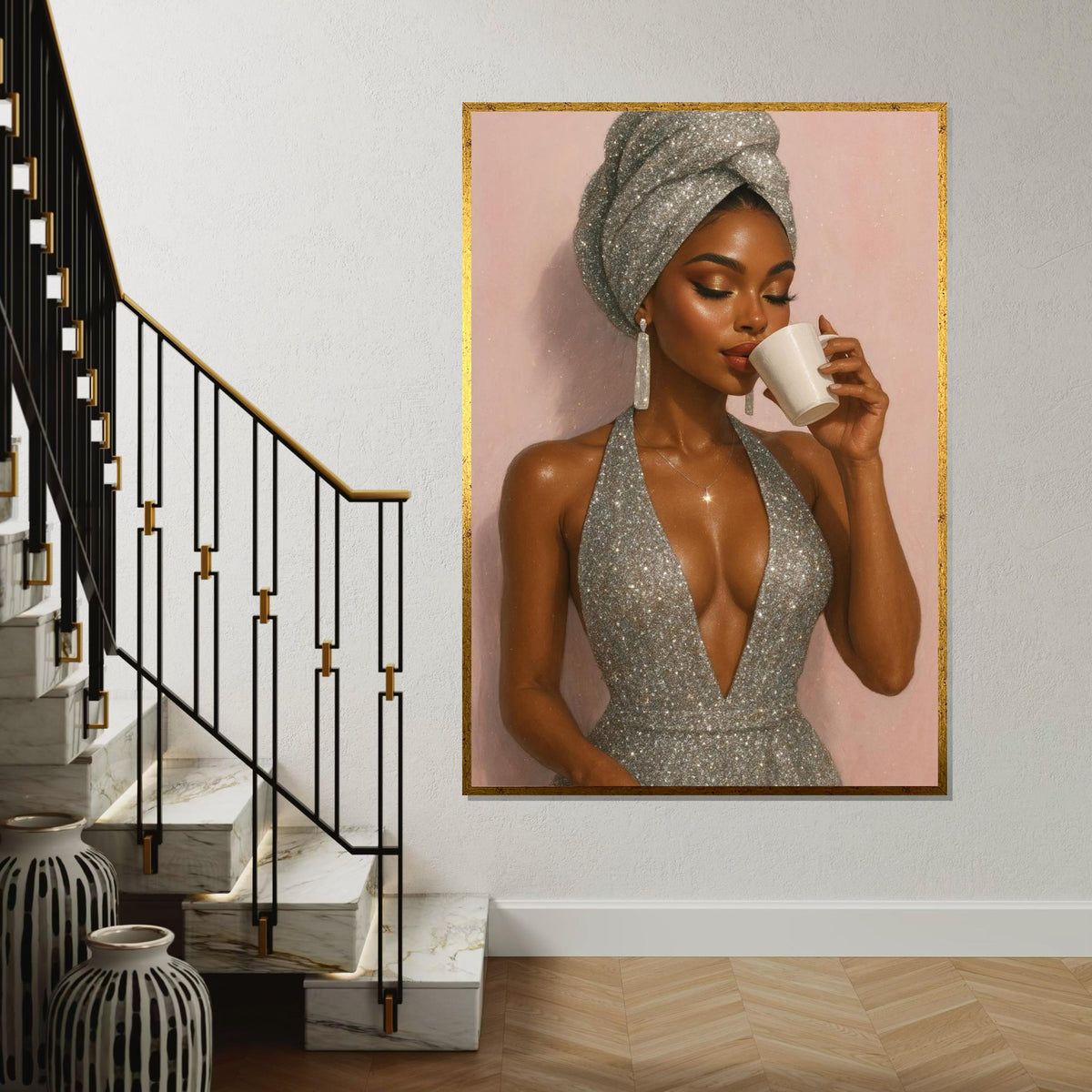 Elegant Woman with Coffee, Glamorous Silver Dress, Canvas Art, Fashion Wall Art, Ready to Hang Home Decor, Stylish Lady Print