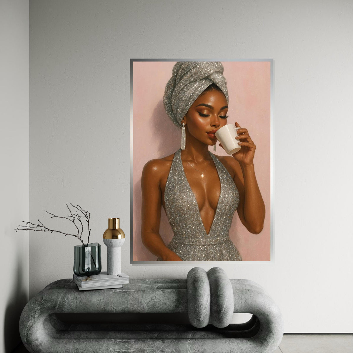 Elegant Woman with Coffee, Glamorous Silver Dress, Canvas Art, Fashion Wall Art, Ready to Hang Home Decor, Stylish Lady Print