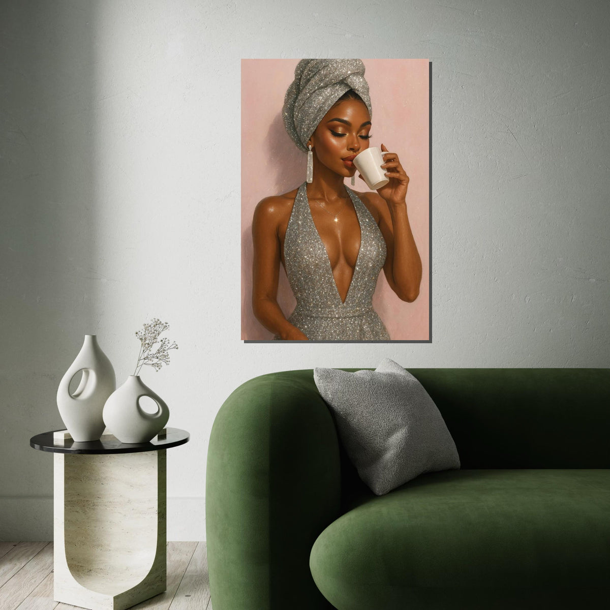 Elegant Woman with Coffee, Glamorous Silver Dress, Canvas Art, Fashion Wall Art, Ready to Hang Home Decor, Stylish Lady Print