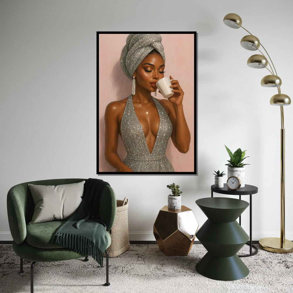 Elegant Woman with Coffee, Glamorous Silver Dress, Canvas Art, Fashion Wall Art, Ready to Hang Home Decor, Stylish Lady Print, Afro Woman